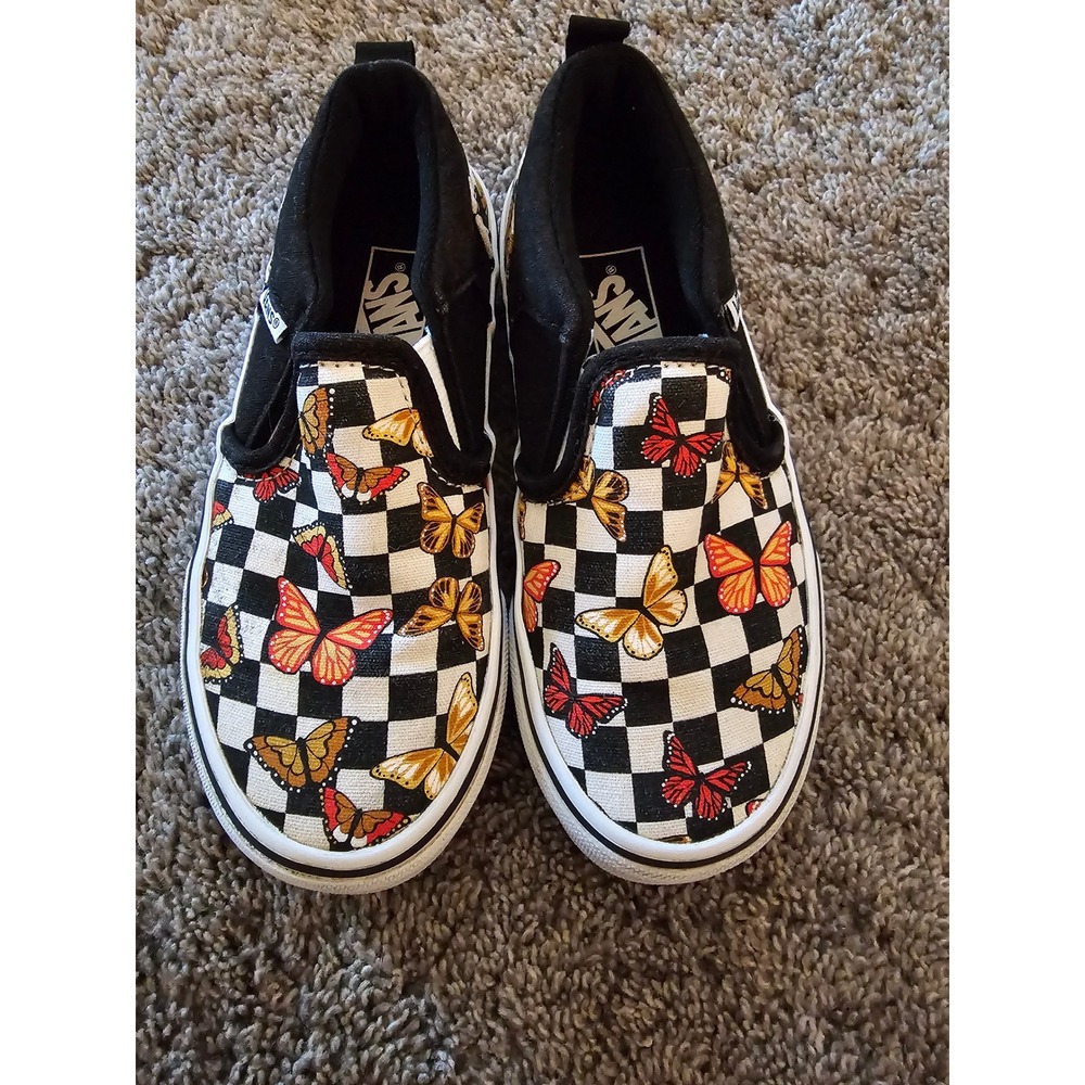 Vans Kids Classic Slip-On Checkerboard Butterfly Sneakers Black White Size 12.0
